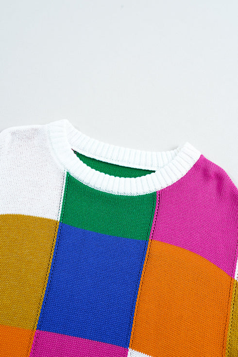 Vibrant Geometric Block And Striped Pullover Sweater
