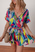 Vibrant Tropical Floral Print Surplice Neck Tie Waist Flared Summer Romper