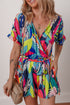 Vibrant Tropical Floral Print Surplice Neck Tie Waist Flared Summer Romper