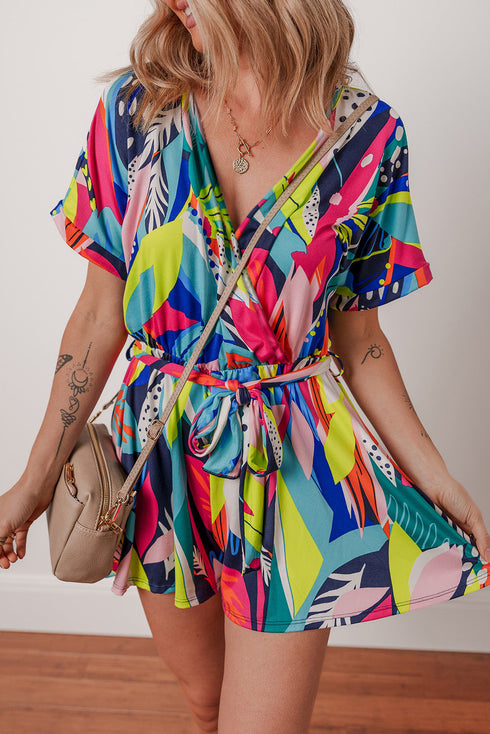 Vibrant Tropical Floral Print Surplice Neck Tie Waist Flared Summer Romper