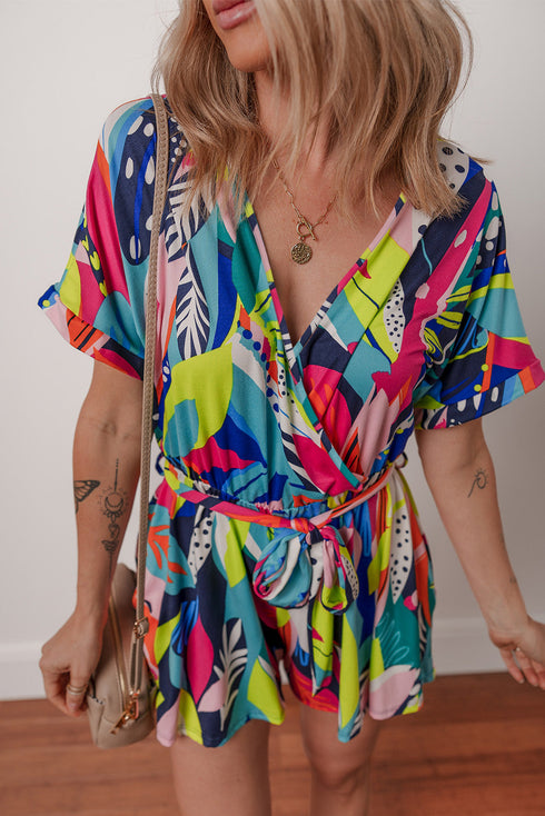 Vibrant Tropical Floral Print Surplice Neck Tie Waist Flared Summer Romper