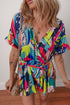 Vibrant Tropical Floral Print Surplice Neck Tie Waist Flared Summer Romper