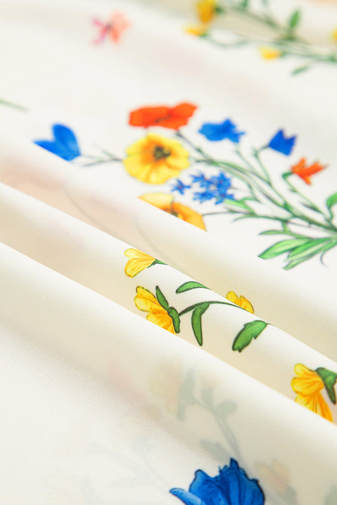 Vibrant Wildflower Print Puff Sleeve Contrast Neck Blouse Top