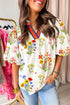 Vibrant Wildflower Print Puff Sleeve Contrast Neck Blouse Top