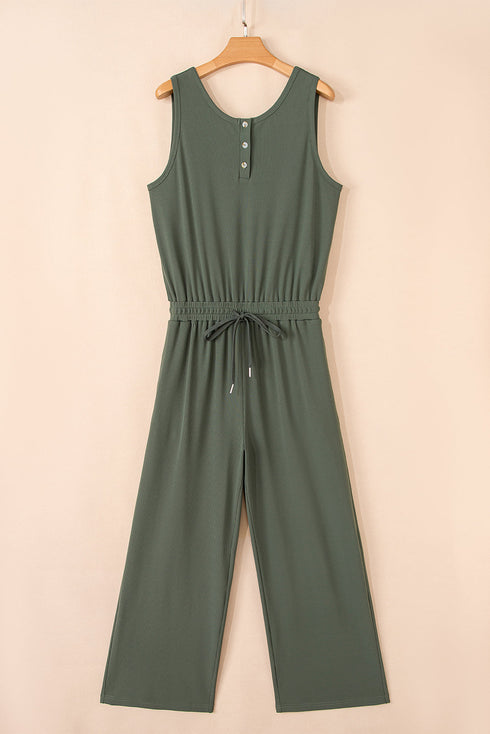 Vineyard Green Buttoned Drawstring Waist Sleeveless Wide Leg Jumpsuit
