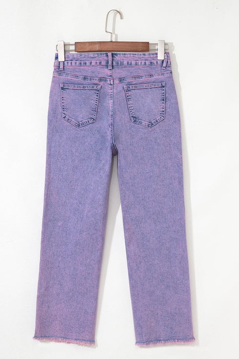 Vintage Acid Wash High Rise Raw Hem Kick Flare Cropped Jeans