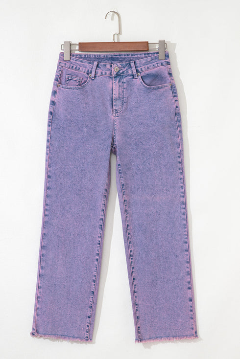 Vintage Acid Wash High Rise Raw Hem Kick Flare Cropped Jeans