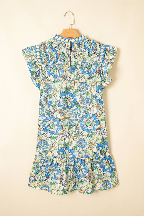 Vintage Botanical Print Pleated Mock Neck Flutter Sleeve Mini Dress