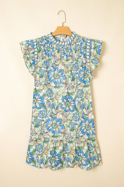 Vintage Botanical Print Pleated Mock Neck Flutter Sleeve Mini Dress