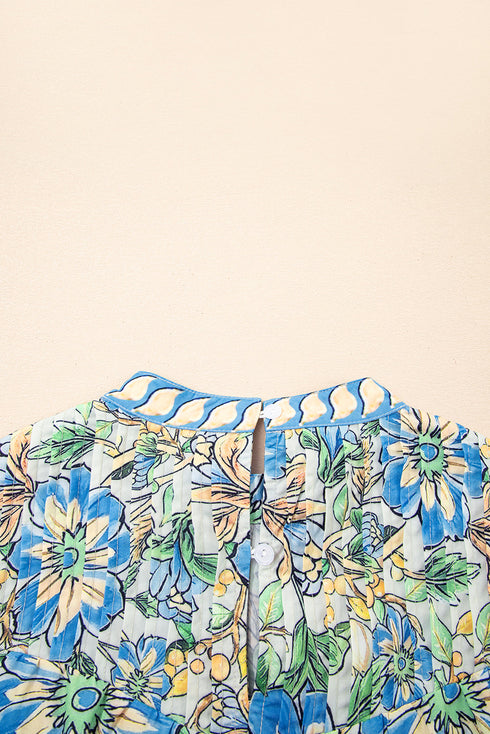 Vintage Botanical Print Pleated Mock Neck Flutter Sleeve Mini Dress