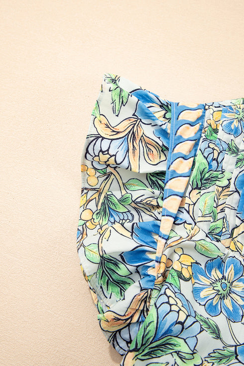 Vintage Botanical Print Pleated Mock Neck Flutter Sleeve Mini Dress