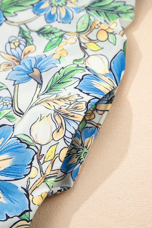 Vintage Botanical Print Pleated Mock Neck Flutter Sleeve Mini Dress