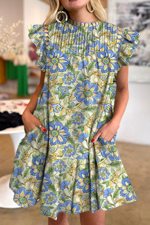 Vintage Botanical Print Pleated Mock Neck Flutter Sleeve Mini Dress