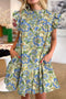 Vintage Botanical Print Pleated Mock Neck Flutter Sleeve Mini Dress