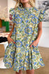 Vintage Botanical Print Pleated Mock Neck Flutter Sleeve Mini Dress