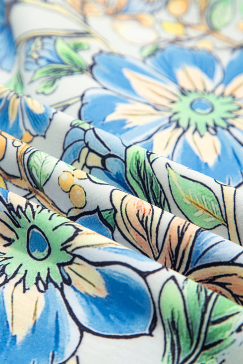 Vintage Botanical Print Pleated Mock Neck Flutter Sleeve Mini Dress