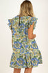 Vintage Botanical Print Pleated Mock Neck Flutter Sleeve Mini Dress