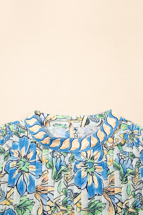 Vintage Botanical Print Pleated Mock Neck Flutter Sleeve Mini Dress