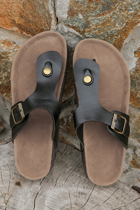 Vintage Faux Leather Buckle Strap Thong Slippers