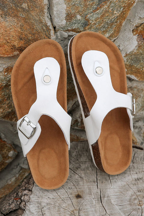 Vintage Faux Leather Buckle Strap Thong Slippers