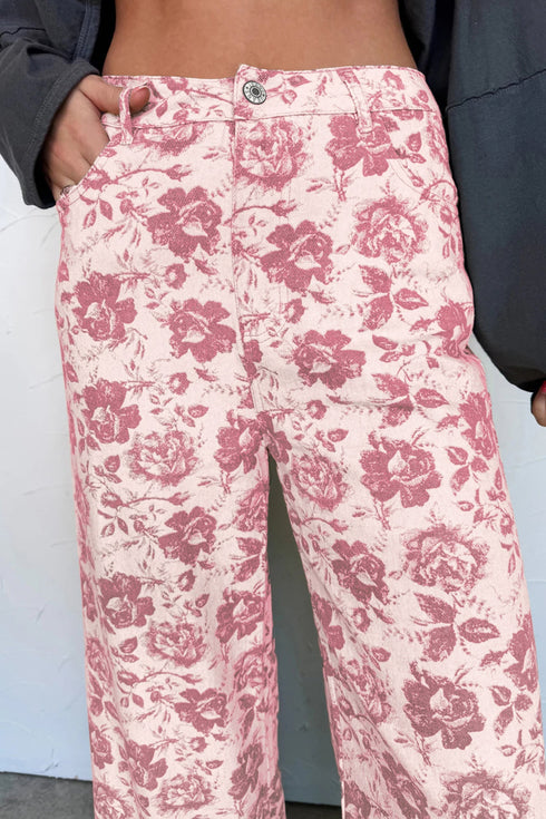 Vintage Floral All Over Print Wide Leg Denim Jeans