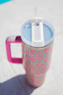 Vintage Floral Checkered Print Large Capacity Alloy Tumbler
