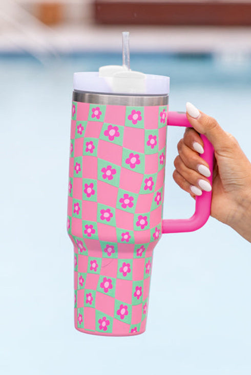 Vintage Floral Checkered Print Large Capacity Alloy Tumbler