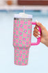 Vintage Floral Checkered Print Large Capacity Alloy Tumbler