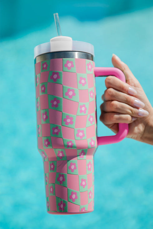 Vintage Floral Checkered Print Large Capacity Alloy Tumbler