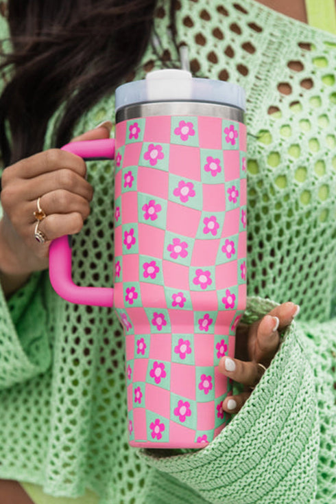 Vintage Floral Checkered Print Large Capacity Alloy Tumbler
