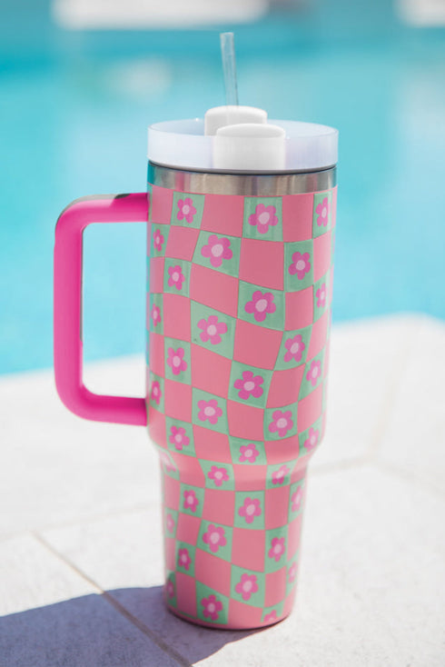 Vintage Floral Checkered Print Large Capacity Alloy Tumbler