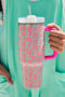 Vintage Floral Checkered Print Large Capacity Alloy Tumbler