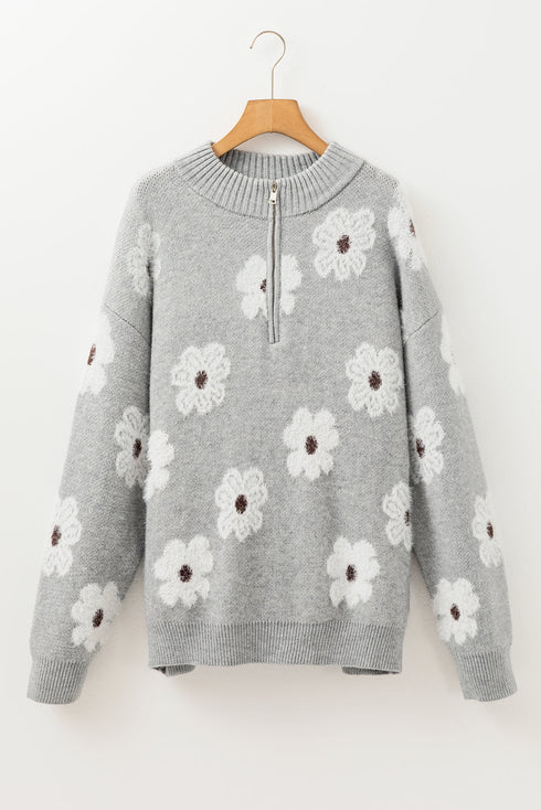 Vintage Floral Knit Embroidered Half Zip Sweater