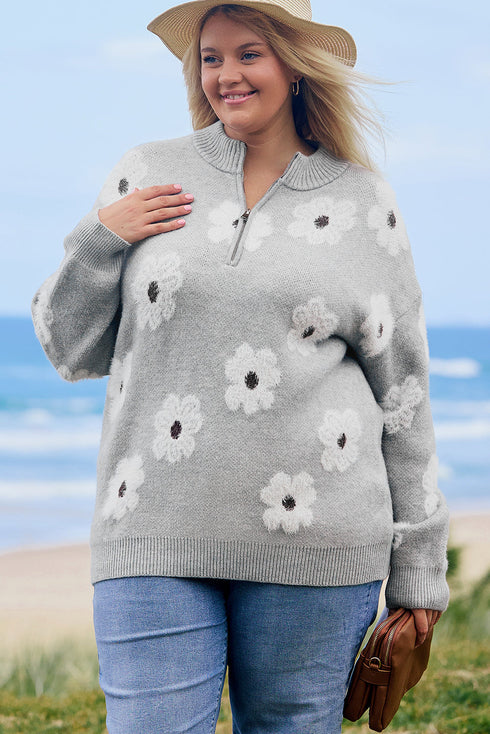 Vintage Floral Knit Embroidered Half Zip Sweater