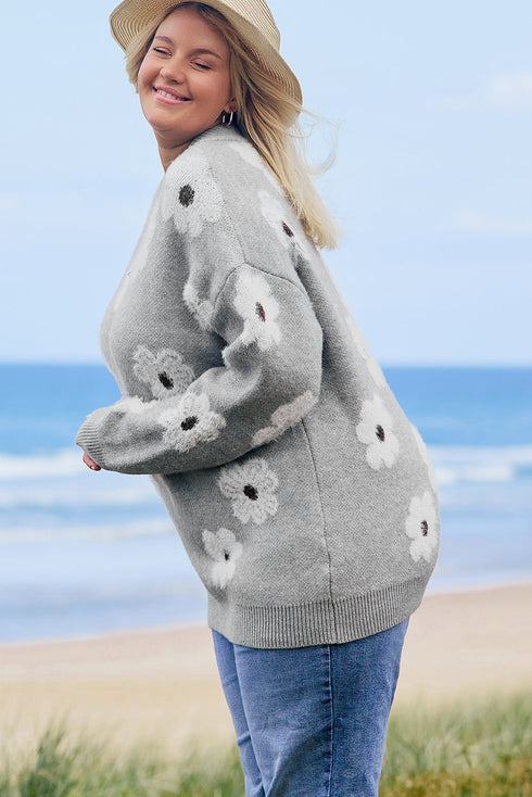 Vintage Floral Knit Embroidered Half Zip Sweater