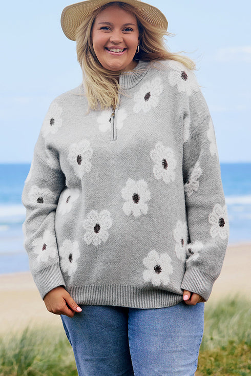 Vintage Floral Knit Embroidered Half Zip Sweater