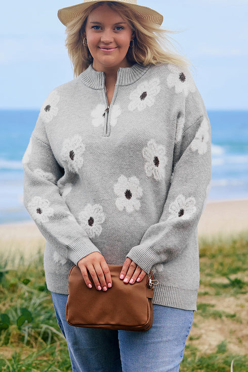 Vintage Floral Knit Embroidered Half Zip Sweater
