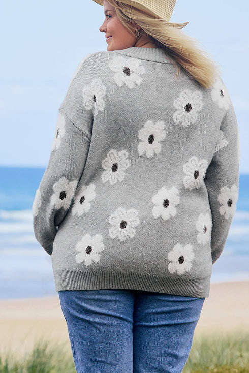 Vintage Floral Knit Embroidered Half Zip Sweater