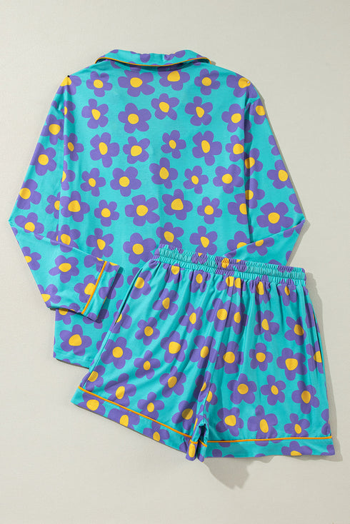 Vintage Floral Long Sleeve Collared Button Down Pajama Set