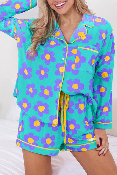 Vintage Floral Long Sleeve Collared Button Down Pajama Set
