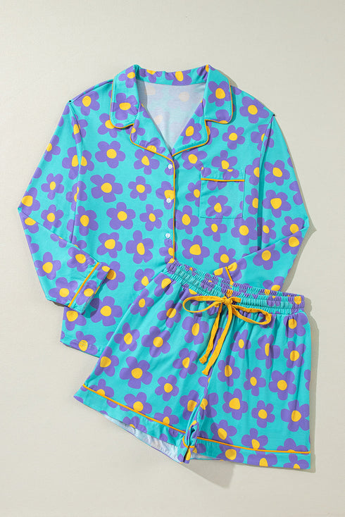 Vintage Floral Long Sleeve Collared Button Down Pajama Set