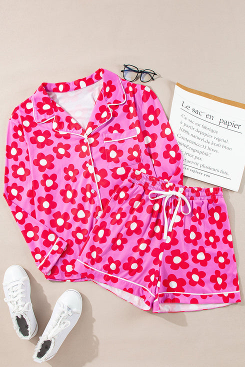 Vintage Floral Long Sleeve Collared Button Down Pajama Set