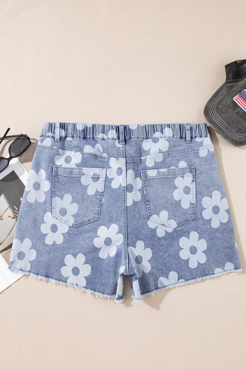 Vintage Floral Pattern High Waist Raw Hem Denim Bottoms