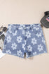 Vintage Floral Pattern High Waist Raw Hem Denim Bottoms