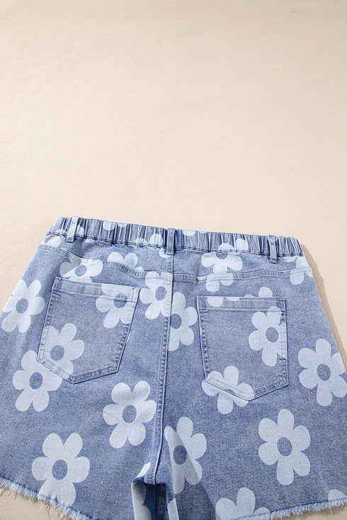 Vintage Floral Pattern High Waist Raw Hem Denim Bottoms