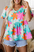 Vintage Floral Print Bubble Sleeve Peplum Blouse