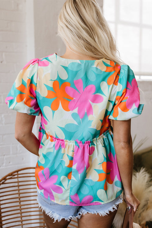 Vintage Floral Print Bubble Sleeve Peplum Blouse