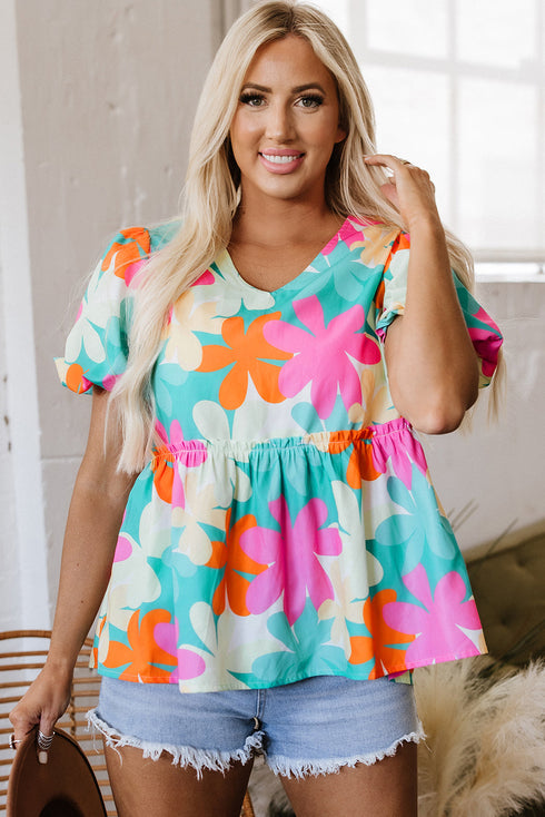 Vintage Floral Print Bubble Sleeve Peplum Blouse