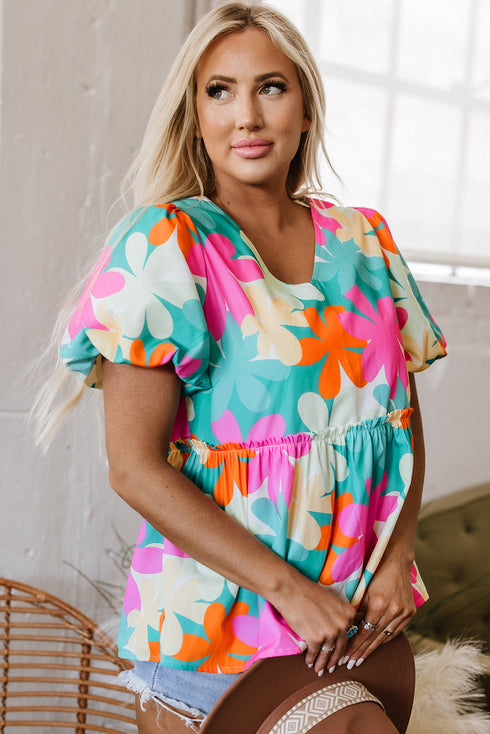 Vintage Floral Print Bubble Sleeve Peplum Blouse