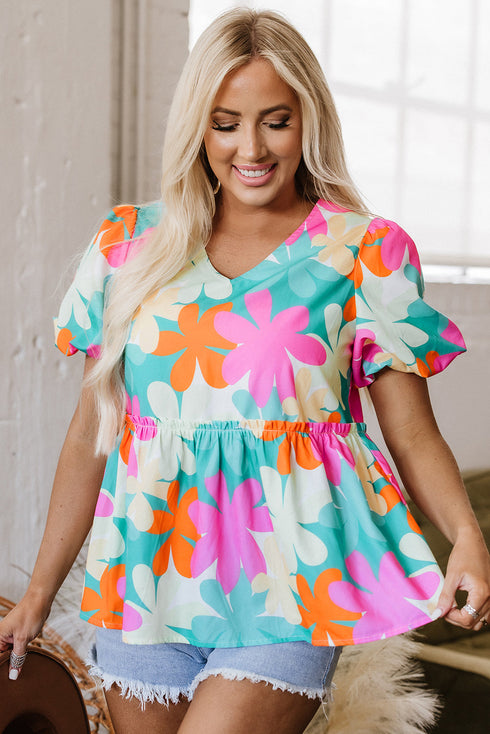 Vintage Floral Print Bubble Sleeve Peplum Blouse